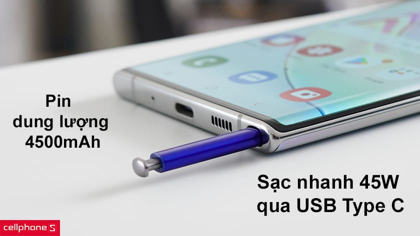 Hỗ trợ sạc nhanh 45W qua USB Type C, pin dung lượng lớn 4500mAh